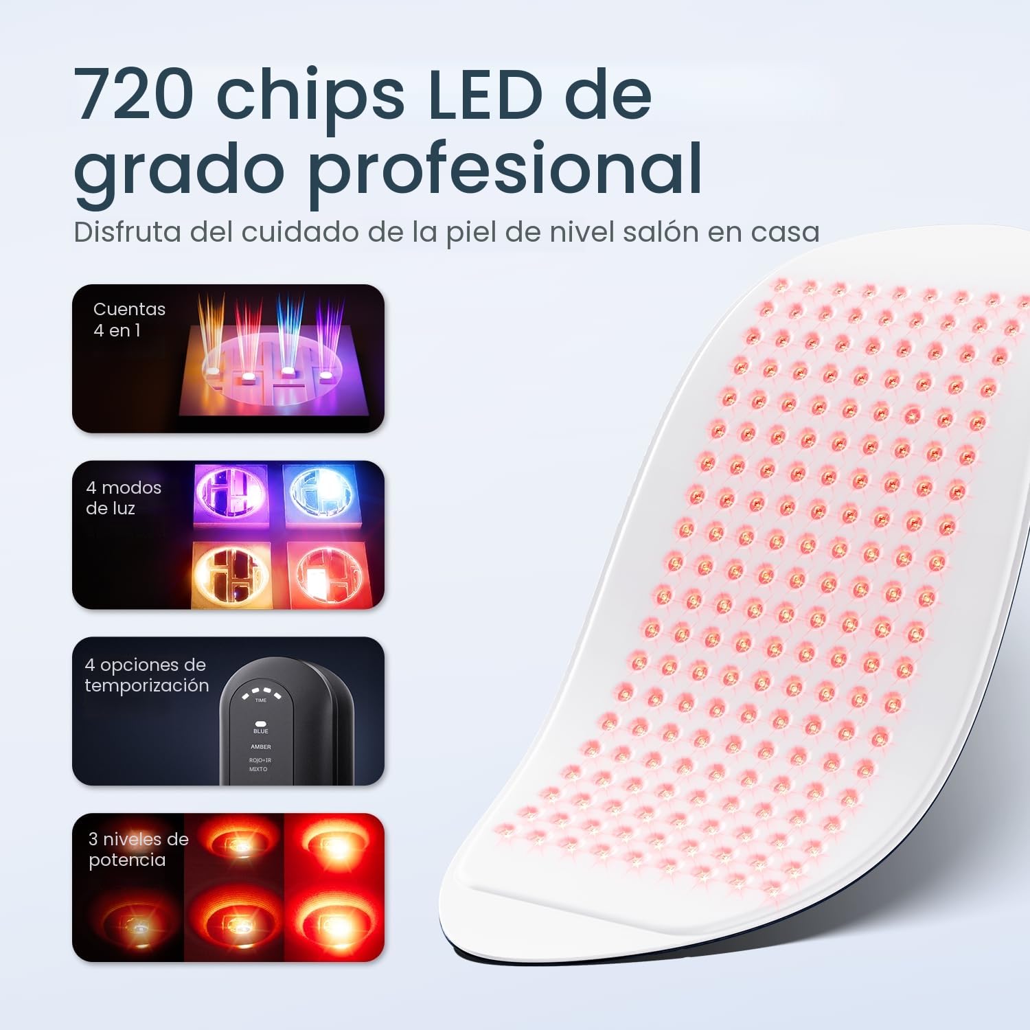 Máscara LED Facial 4 en 1 - Terapia de Luz Roja e Infrarroja Aprobada por la FDA - Dispositivo de Fototerapia Profesional para Acné y Arrugas, Cuidado Facial y Corporal (Azul)