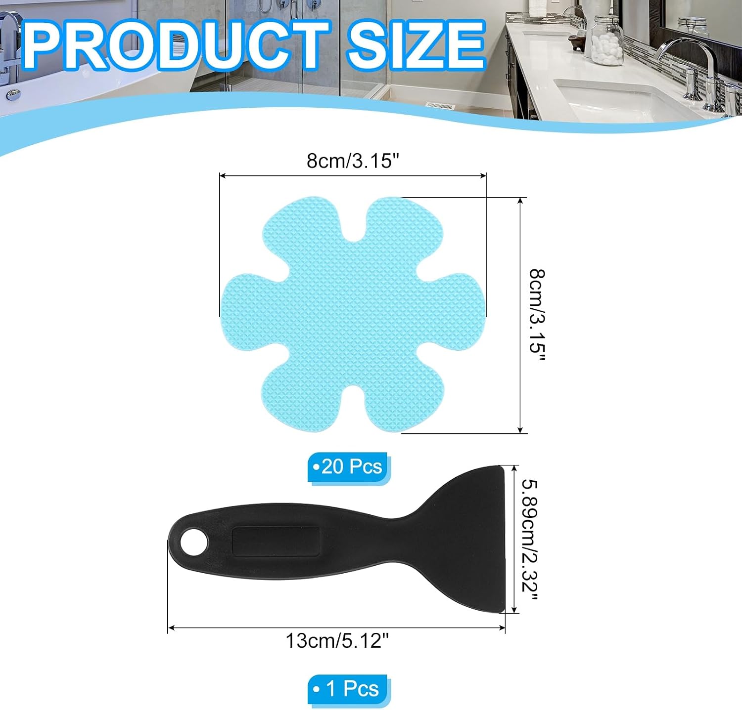 PATIKIL Bathtub Non Slip Stickers 3.2 x 3.2 Inch, 20 Pack Flower Safety Shower Floor Anti Slip Stickers with Adhesive Decals Scraper for Bath Tub Shower Floor Stair, Blue
