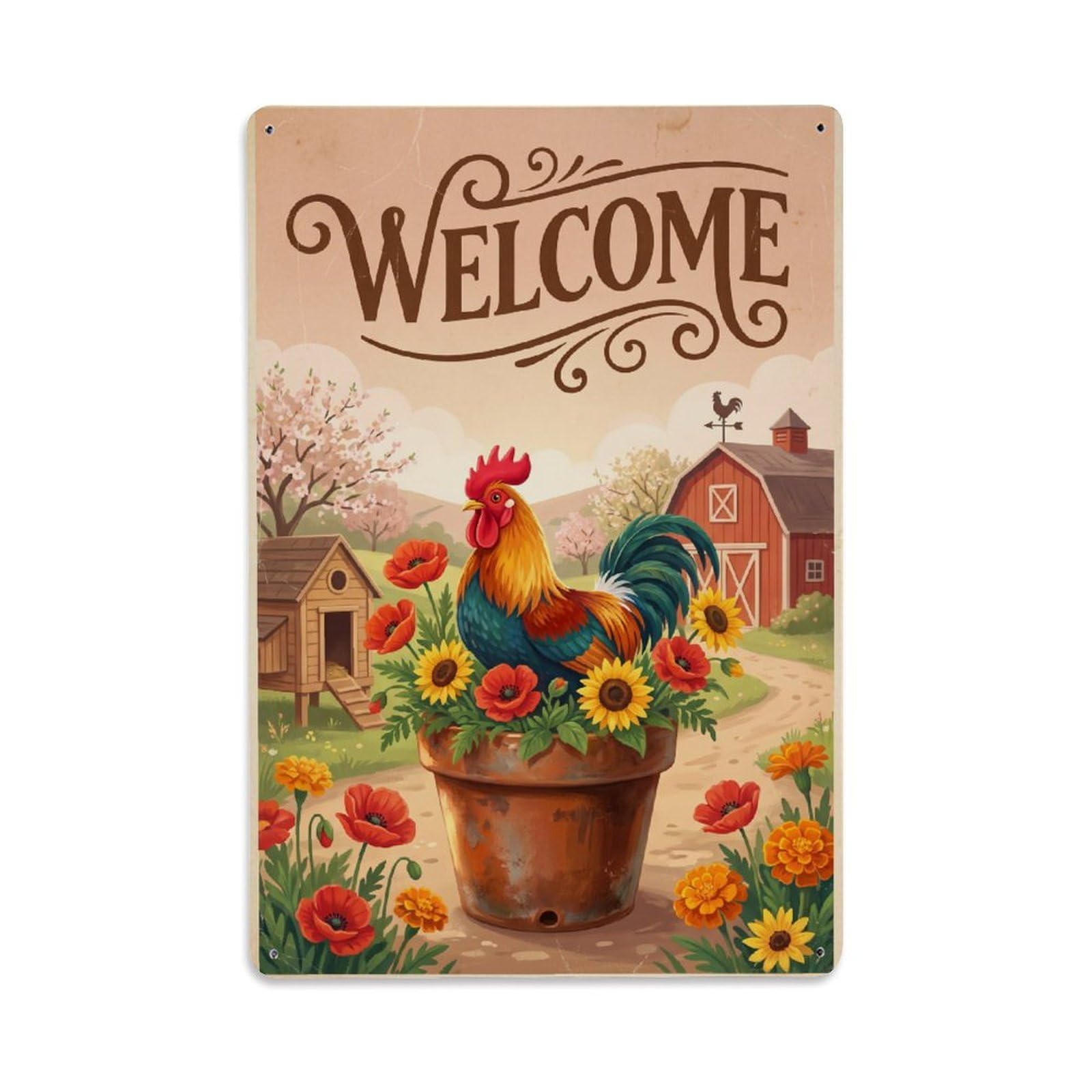 Cxhjca 8X12inch(20X30cm) Vintage Welcome Rooster Spring Garden Metal Tin Sign