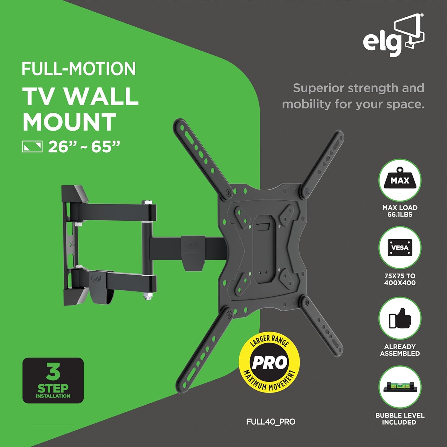 ELG Full Motion TV Wall Mount - Fits 26'' to 65'' TVs, Up to 66.1lbs, Swivel, Tilt, Extension, Max VESA 400x400mm, FULL40 PRO, Heavy-Duty Steel Construction, Sleek Black Finish