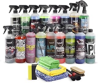 FULLCARX Super Kit Detailing Nettoyage Voiture Extérieur Intérieur avec Accessoires, 17 Produits Professionnels Nettoyant Jantes Shampoing Cire Plastique Tableau Bord Insectes Moteur APC, Pack Complet