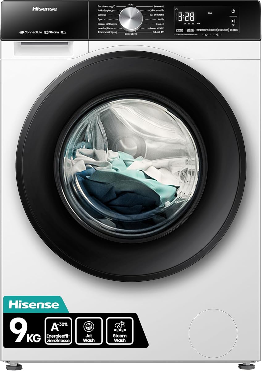 Hisense WF3S9043BW3 Waschmachine mit Dampffunkunktion, 9 kg, 1400 U,min, WiFi, ConnectLife, Power JetWash, Anti-Allergie Programm, Aqua Stop, Auto Wash, Quick Wash, EEK A-30 Prozent