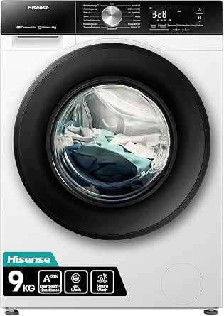 Hisense WF3S9043BW3 Waschmachine mit Dampffunkunktion, 9 kg, 1400 U,min, WiFi, ConnectLife, Power JetWash, Anti-Allergie Programm, Aqua Stop, Auto Wash, Quick Wash, EEK A-30 Prozent