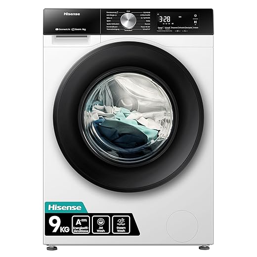 Hisense WF3S9043BW3 Waschmachine mit Dampffunkunktion, 9 kg, 1400 U,min, WiFi, ConnectLife, Power JetWash, Anti-Allergie Programm, Aqua Stop, Auto Wash, Quick Wash, EEK A-30 Prozent