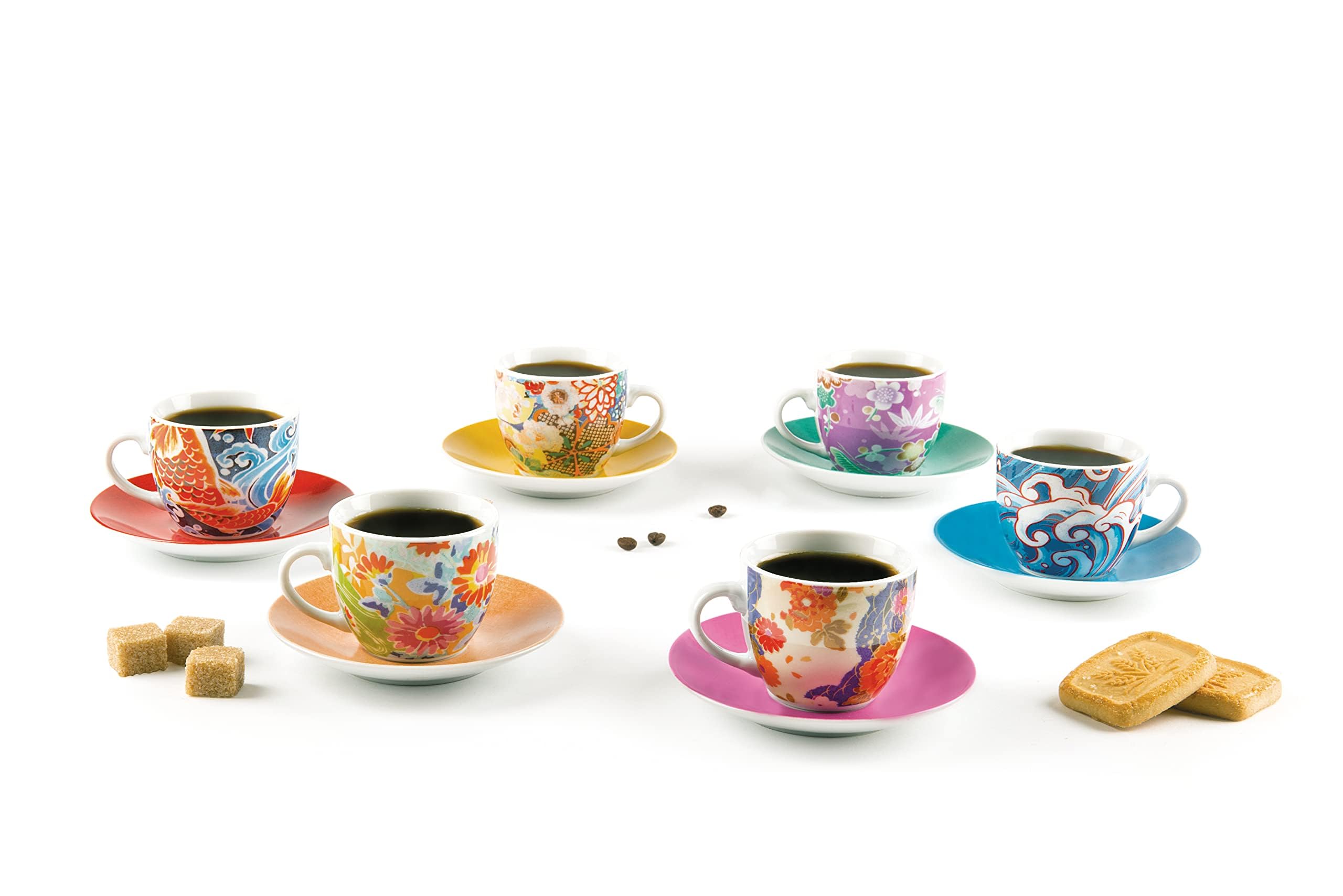 Excelsa Kimono Set 6 Tazzine da caffè con Piattino, Porcellana, Multicolore