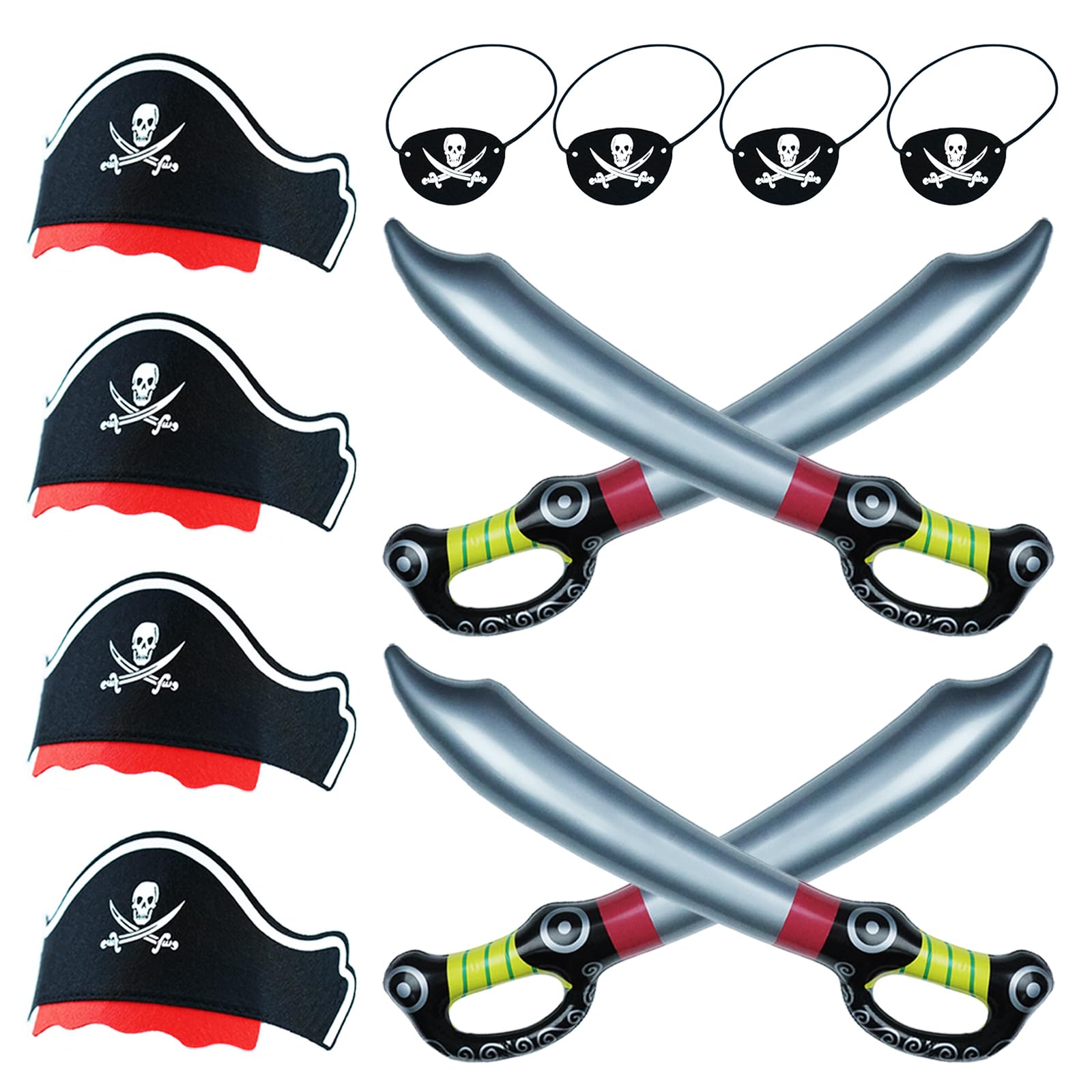 12Pcs Pirate Costume Set, 4 PCS Pirate Hats, 4 PCS Pirate Eye Patches, 4 PCS Pirate Swords Kids Pirate Accessories for Pirate Cosplay Halloween Pirate Theme Party Dress Up Pirate Role Play.