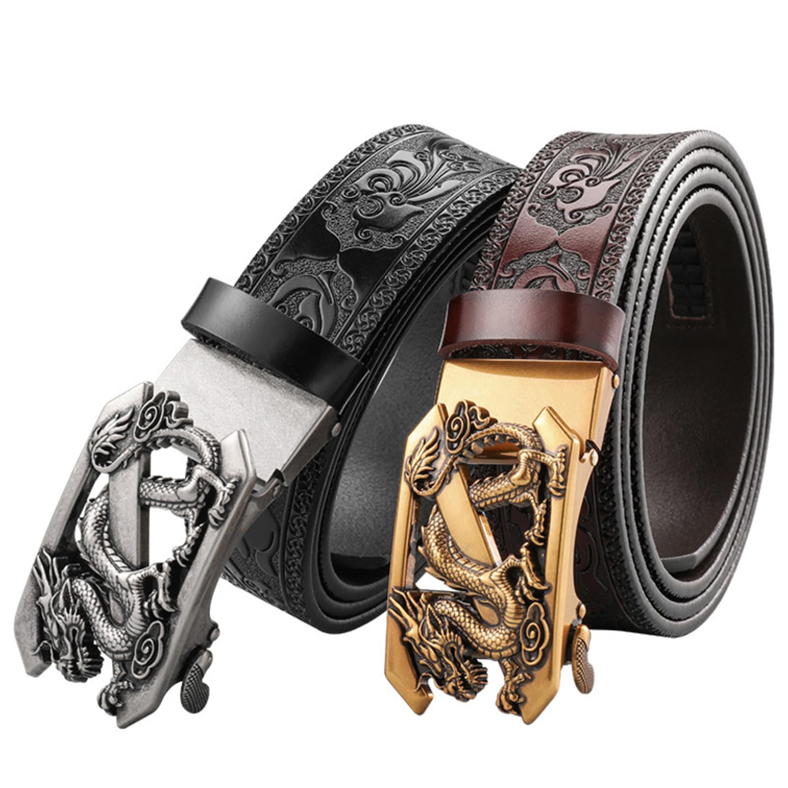 pasek, Paski kowbojskie w stylu western, tłoczone, ze skóry naturalnej, złotą klamrą kształcie smoka, do spodni jeansowych, szerokość 35 mm(Black,125cm/waist:42"~44")