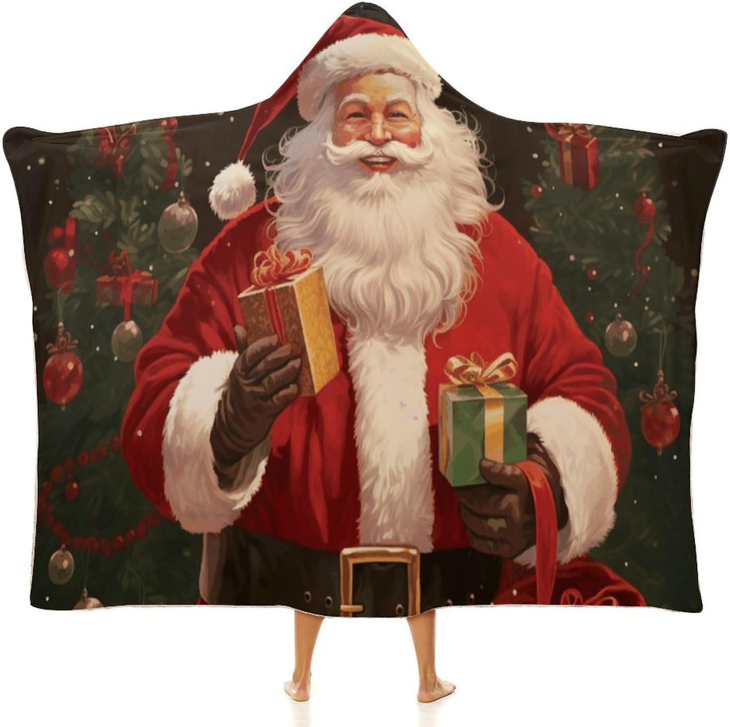 Santa Claus Wearable Hooded Blanket, Ultra Soft Arctic Velvet Cape Cloak Unisex - Cozy Wearable Blanket