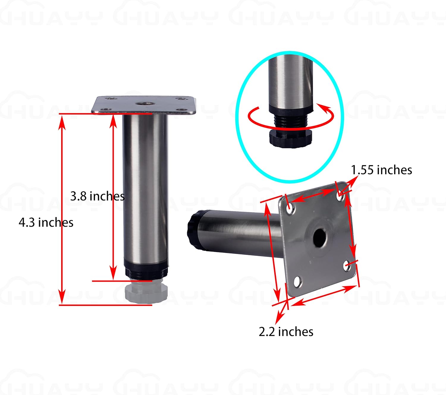 Furniture Adjustable Legs 4 inches(Nickel-Plated,4 Sets),Suitable for Modern Ottoman Style Furniture Replacement Round Metal Leg,TV Cabinets,Sofa Levelers Feet,Stainless Steel Screw Mounting Kit