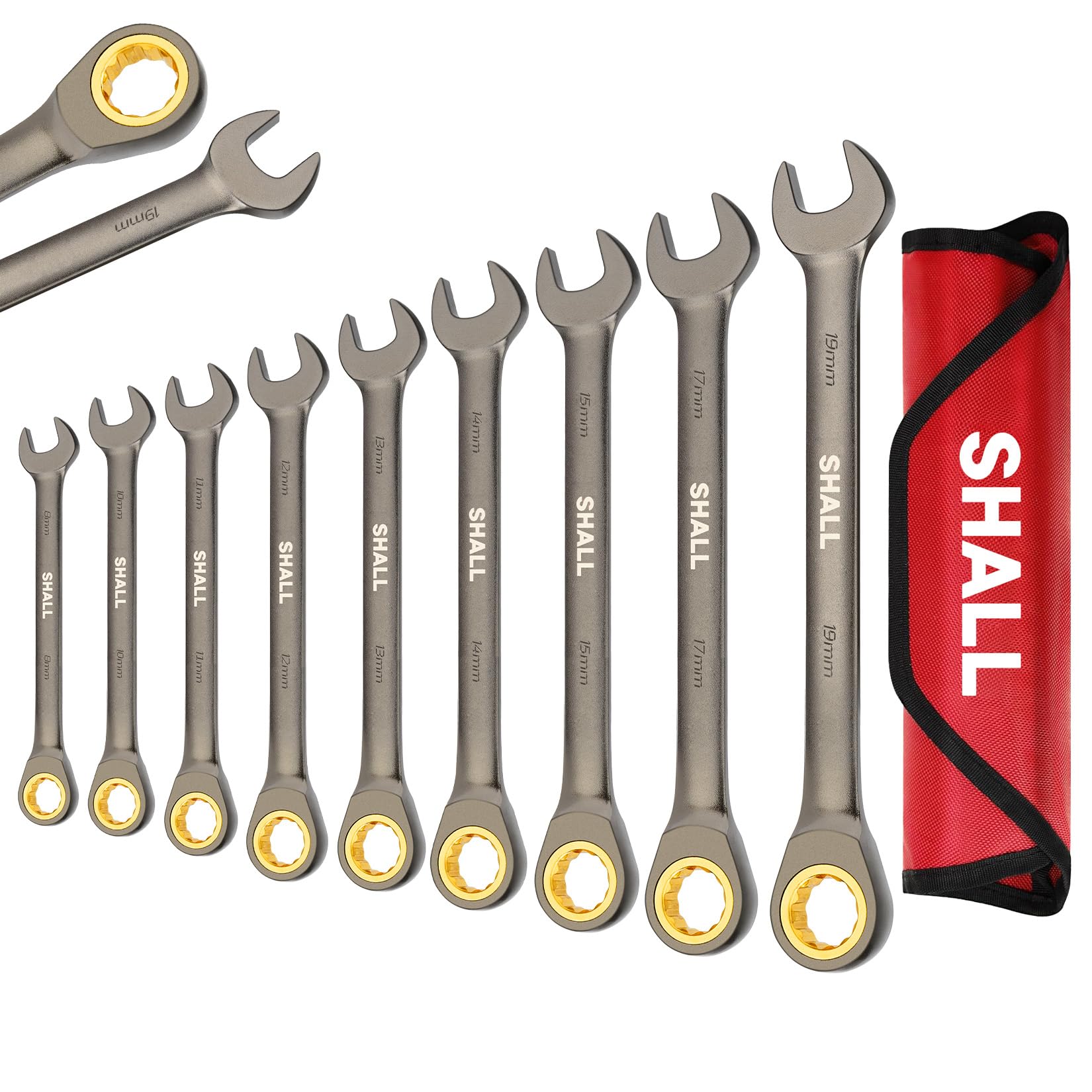 Shall 9-Piece Combination Ratchet Wrench Set, 72 Metric Teeth 8-19mm, Cr-V Built, Nickel Plated with Organization Bag, Used for Bicycle Repair