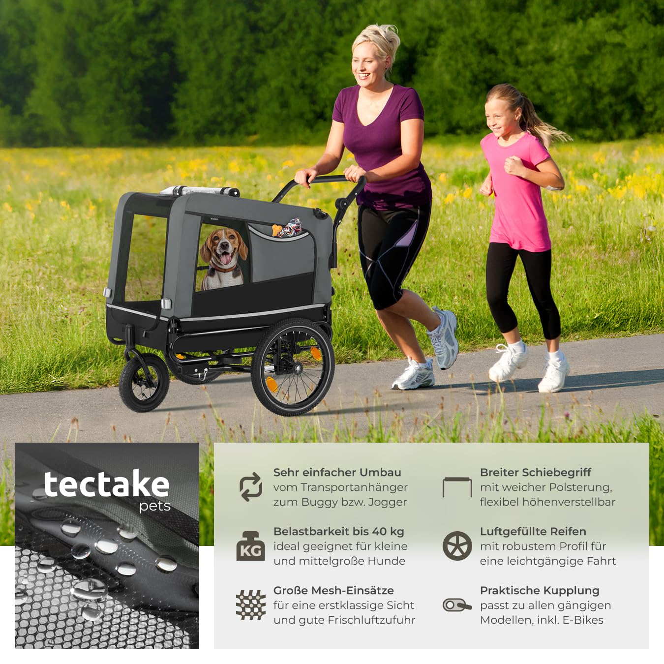 tectake® Fahrradanhänger multifunktional - als Hunde Anhänger Wagen für Fahrrad und e Bike, Jogger oder Buggy, Belastbarkeit bis 40kg, faltbar, schneller Umbau, inkl. Sicherheits Zubehör