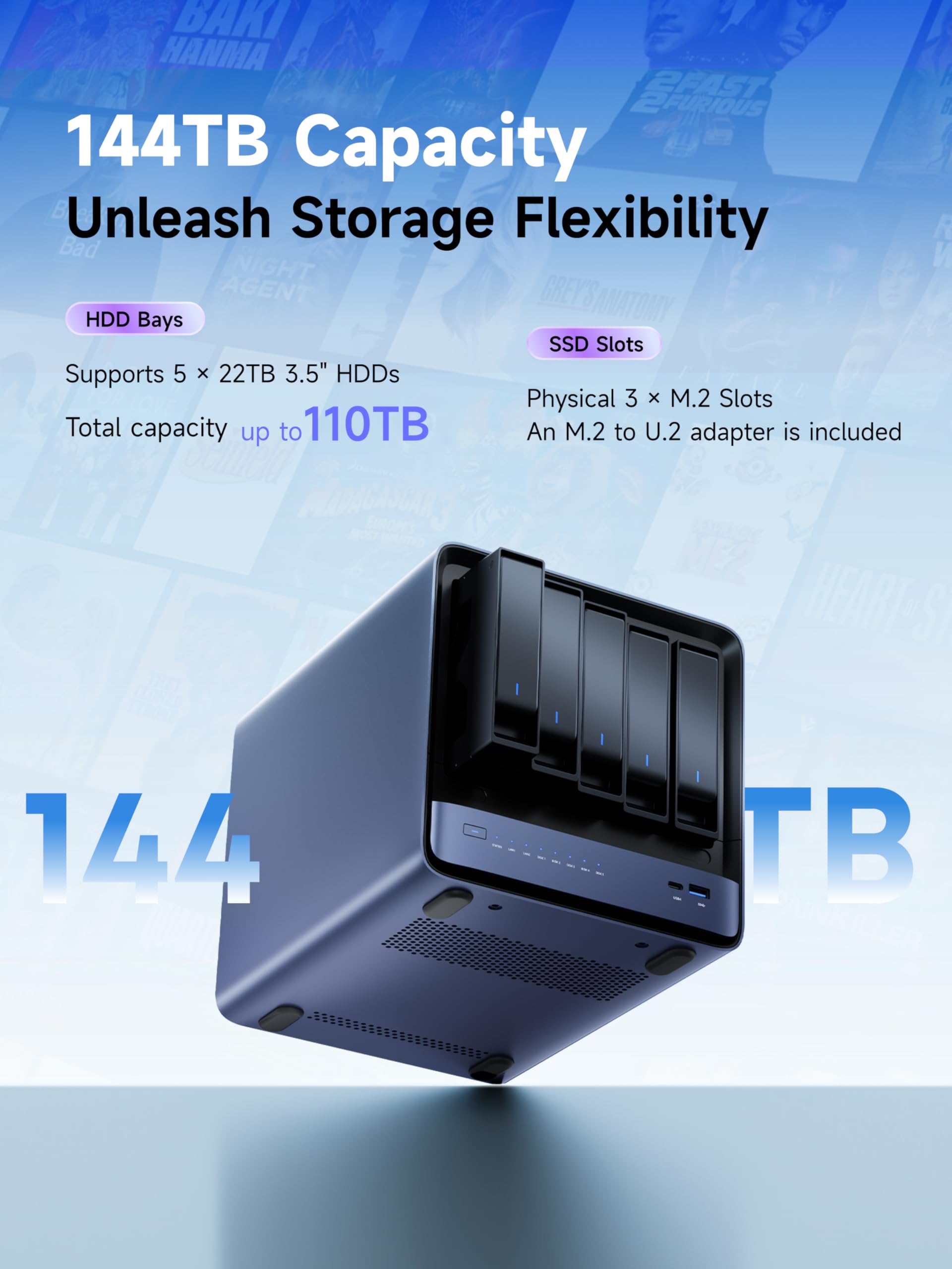 MINISFORUM N5 Air NAS de 5 bahías con hasta 174 GB de Almacenamiento, CPU AMD Ryzen 7 255 (8C/16T), Barebone, 16 GB de RAM, 1 x 10 GbE, 1 x 5 GbE, 2 x USB4 (8K), HDMI 8K, OCuLink, 3 Ranuras M.2