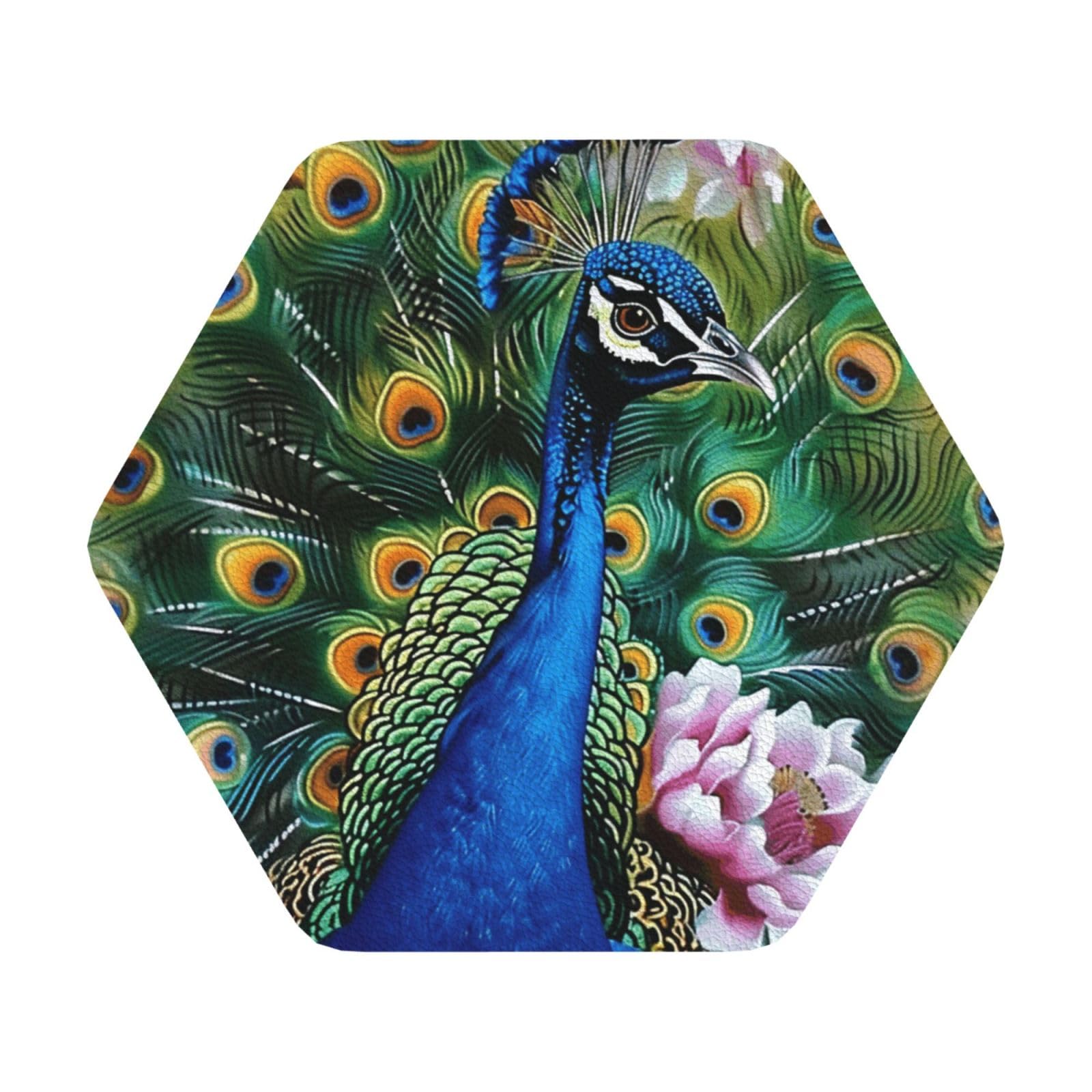 Peacock Print Leather Coaster Set of 6, Hexagon Coasters Table Decorative Coffee Cup Beverage Coasters Wine Beer Bar Coasters for Hot Drinks Table Protection