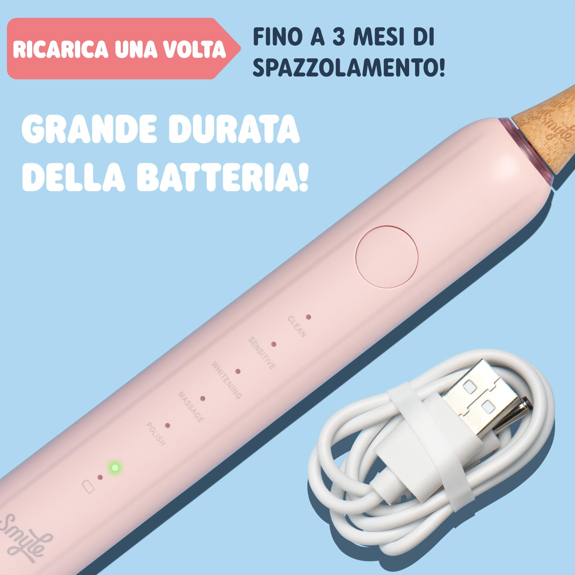 Smyle Spazzolino sonico con sensore, durata della batteria di 3 mesi, timer intelligente e 5 modalità di pulizia e impermeabile (Rosa Pastello)