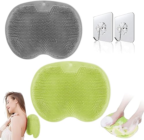 JAZORR Estropajos de pies para uso en la ducha, limpiador de espalda montado en la pared, cepillo de silicona para masaje con 2 ventosas