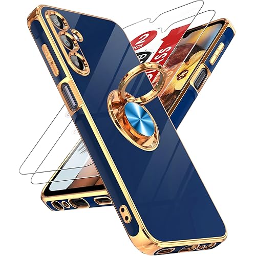 LeYi for Samsung Galaxy A15 5G Case: with Tempered Glass Screen Protector [2 Pack] 360° Rotatable Ring Holder Magnetic Kickstand, Plating Rose Gold Edge Samsung A15 5G Case, Blue