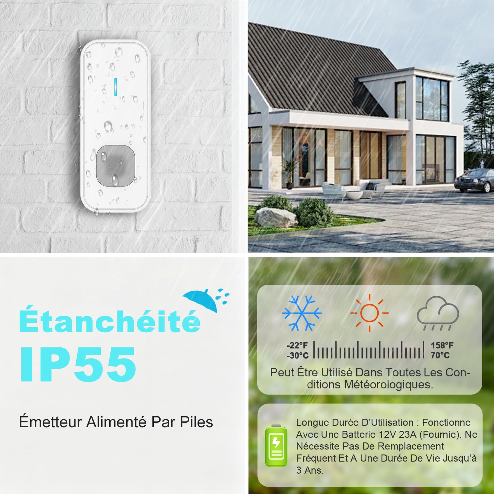 AIMAX Sonnette sans Fil avec 2 Émetteurs et 3 Récepteurs, Sonnette sans Fil Exterieur Etanche, Portée Élevée de 400 m, Étanche IP55, 55 Sonneries, 5 Niveaux de Volume avec Flash LED