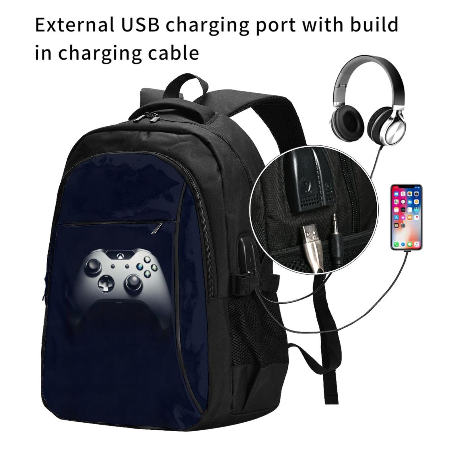 Zaino per computer portatile con motivo controller di gaming/antifurto, da 13 a 16 pollici, con ricarica USB e porta per cuffie, resistente all'acqua, per lavoro, università, scuola, computer