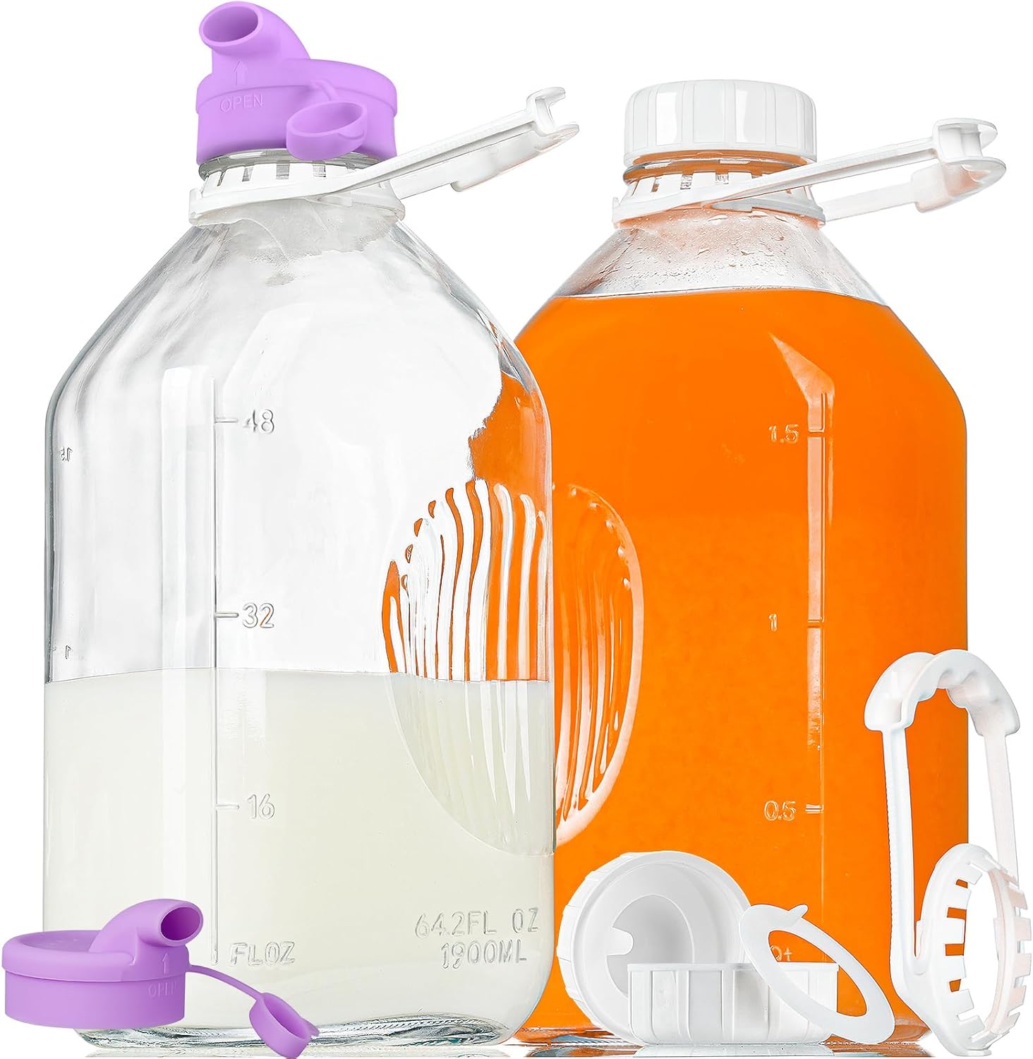2 Pack 64 Oz Heavy Duty Glass Milk Bottle with 1 Silicone Spout and 3 Reusable Airtight SCREW LID, 2 Qt Glass Water Bottle with 2 Exact Scale Lines – Milk Jug Pitcher – 1/2 Gal Juice Bottles