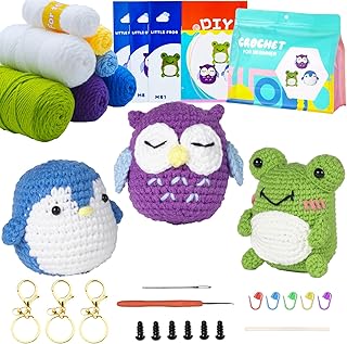 TYOOHAO Crochet Kit for Beginners, Crochet Kit-3pcs Cute Animals Frog, Owl and Penguin, Beginner Crochet Kit for Adults Step by Step Video Tutorials and Instruction,DIY Crochet Kits with Test Yarn