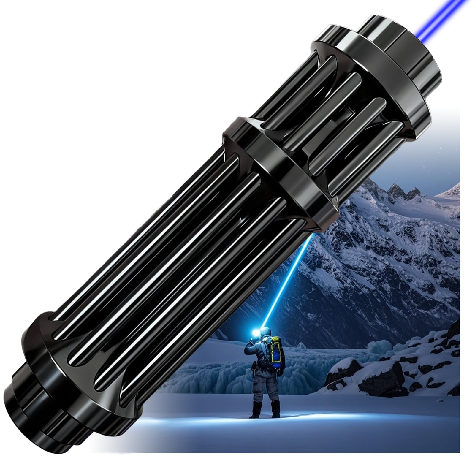 Blue Rechargeable LED Outdoor Flashlight Features A Portable Design, Making It Ideal for Outdoor Activities, Stargazing, and Camping. 6 Modes. USB Rechargeable Version - Black.