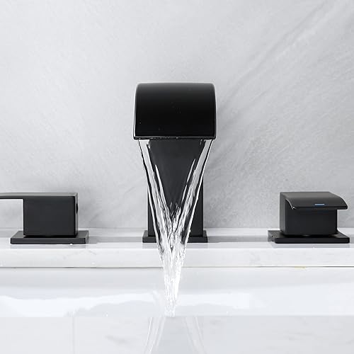 Miniatura 5 de Grifo de baño de cascada negra, grifo de lavabo de baño de 8 pulgadas, 2 manijas para fregadero de 3 agujeros, grifo de tocador moderno con líneas