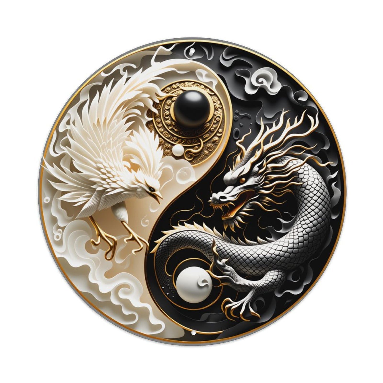 Dragon And Phoenix Yin Yang Vintage Round Tin Sign Retro Metal Wall Decor Metal Poster, Home Bar Garage Farmhouse Cafe Wall Art Decoration 8x8Inches