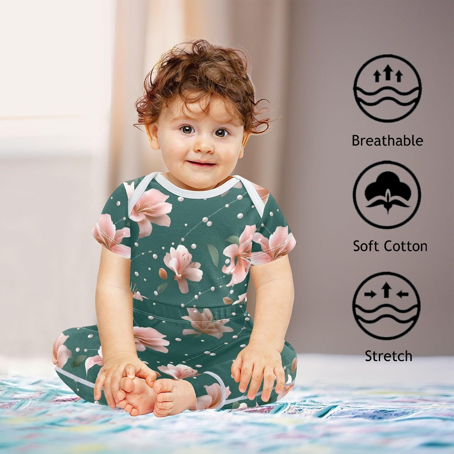 vvfelixl Baby Clothes Lilies and Pearls Baby Bodysuits Set Unisex Short Sleeve Babys Pants Sets 0-3M