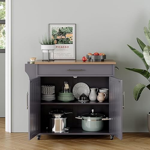 Miniatura 6 de Isla de cocina con almacenamiento, isla de cocina rodante de 31 pulgadas con ruedas con encimera de madera maciza, carrito de cocina con gabinete de