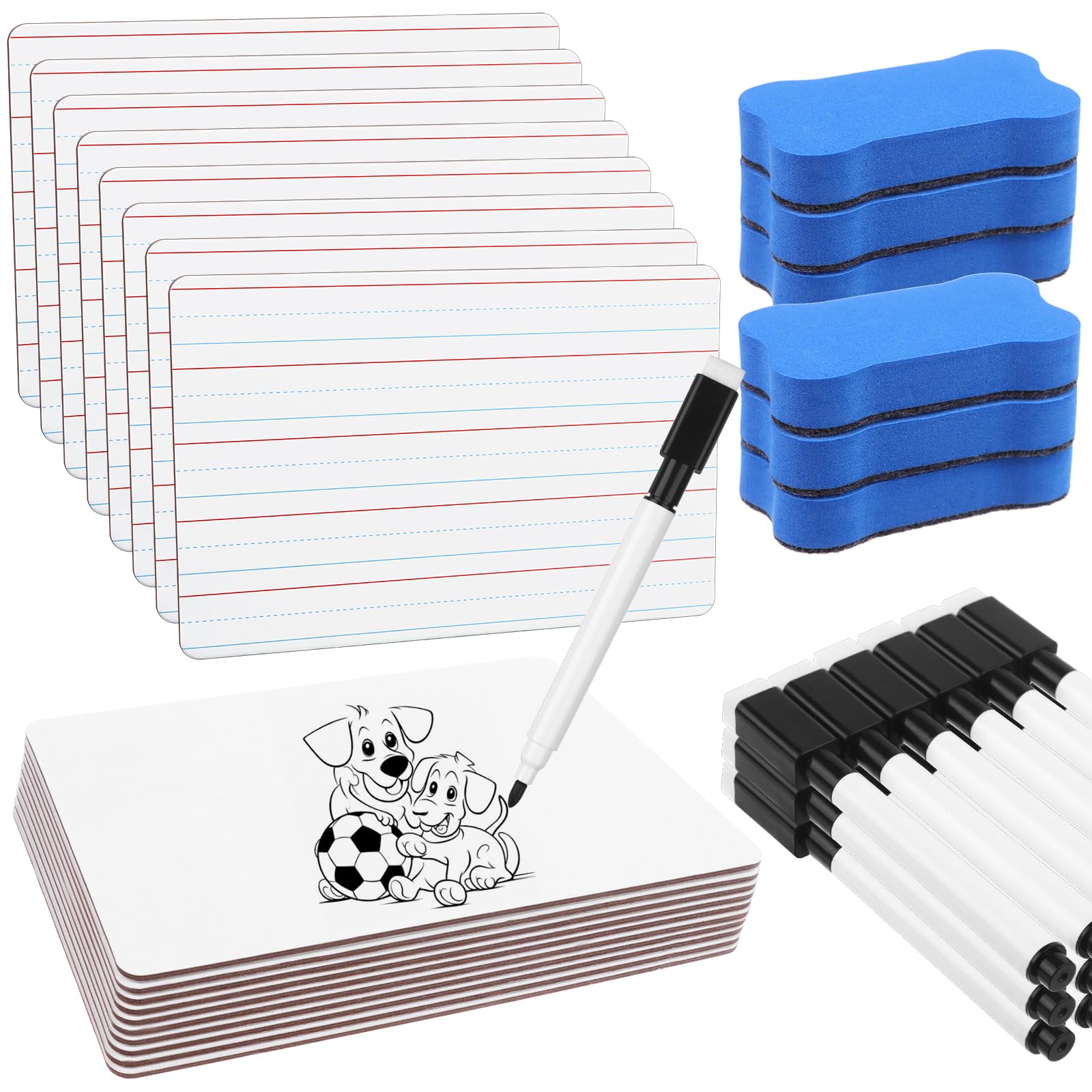 Lot de 18 tableaux blancs double face effaçables à sec avec lignes de 15,2 x 22,9 cm avec 18 marqueurs noirs, 6 gommes, petits tableaux blancs effaçables à sec pour étudiants, fournitures pour