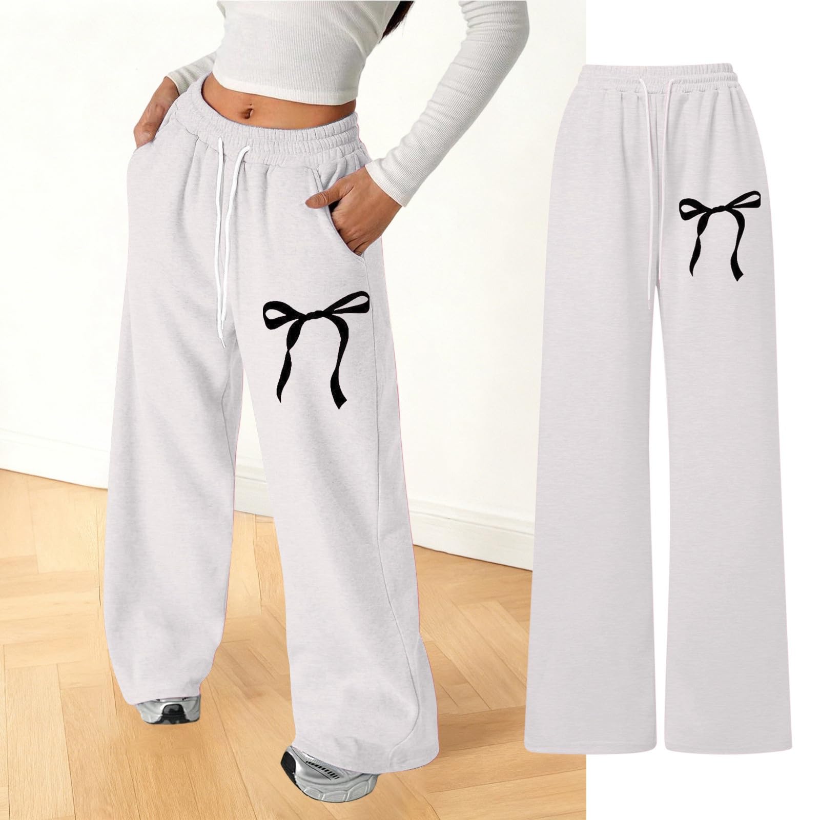 Generisch Pantaloni da jogging da bambina con vestibilità larga, fiocco sulla tasca posteriore, gamba dritta, casual, per bambini, adolescenti, comodi outfit da gioco
