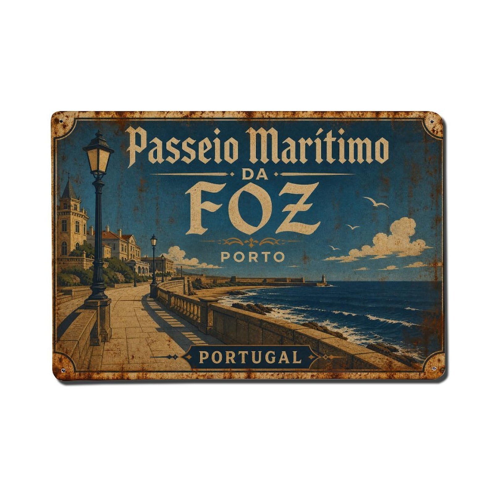 Vintage Travel Coastal Promenade Portugal Metal Tin Sign