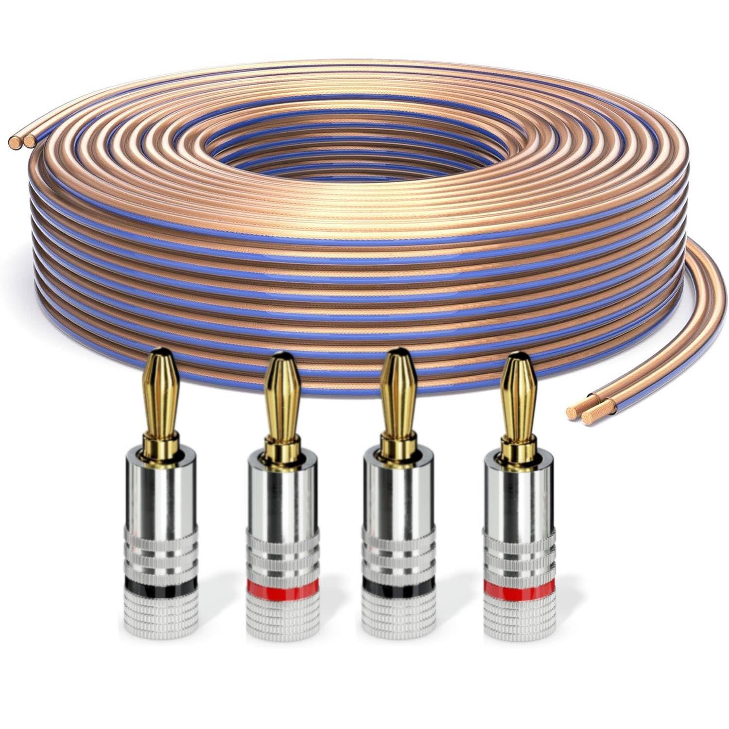 PureLink Cavo per altoparlanti con connettori a banana, cavo audio OFC 2x4,00mm² (0,10mm), 20,0m, 4 connettori, rame puro per casse HiFi e subwoofer, marcatura polarità, trasparente