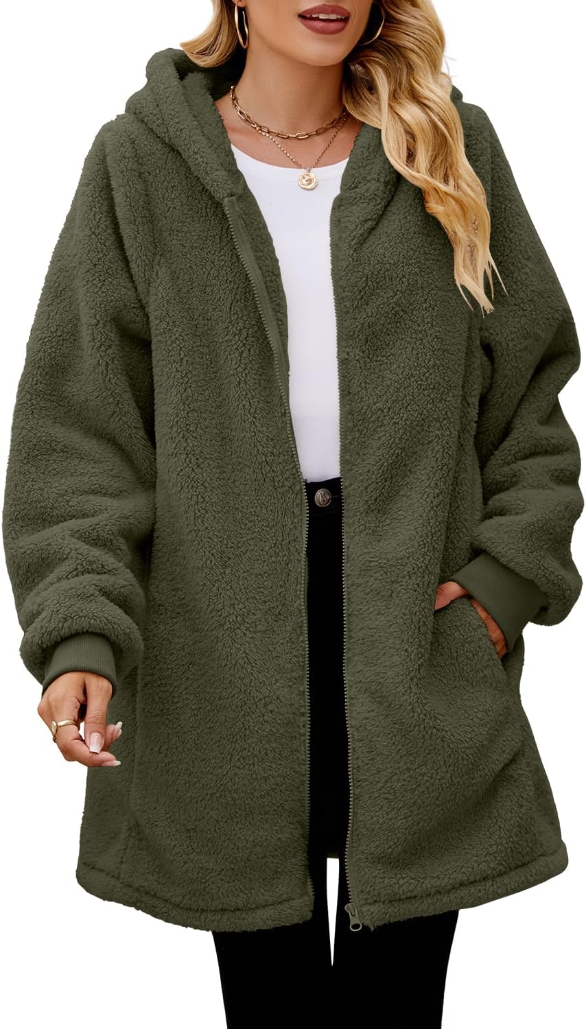 ReachMe Womens Fleece Zip Up Jacket with Pockets Oversized Long Sherpa Hoodie Fuzzy Jackets Warm Teddy Coat - Image 2