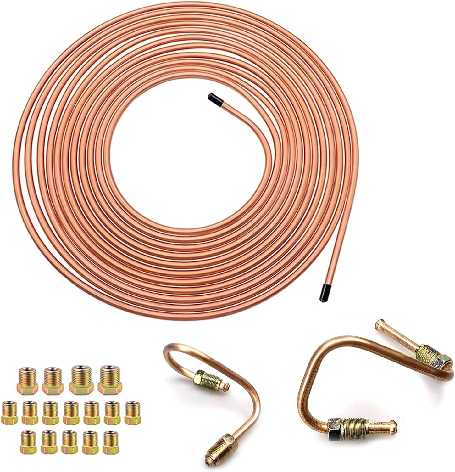 17 PCS Car Brake Line and Fittings, 25 Ft 3/16" Copper Alloy Coated Brake Tubing, Flexible Rustproof Tubing Coil with Inverted Flare Fittings, Replacement for Car Transmission System (Brown)