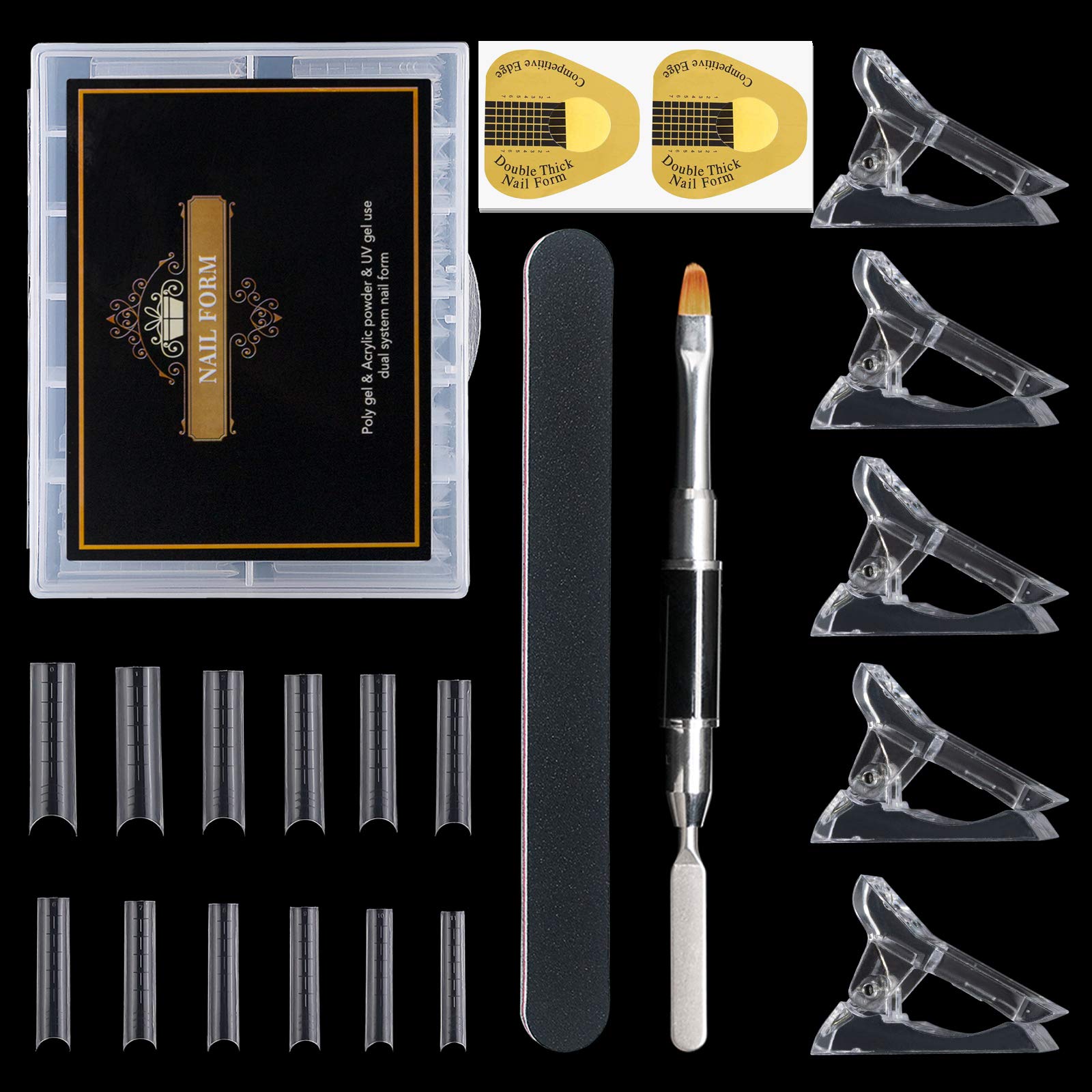 120Pcs Full Cover U Shape Dual Nail System Form,with 100 Nail Form Guide Sticker,5 Nail Tips Clips,1Polygel Dual-Ended Brush,1Nail File Nail Art Kit for Acrylic Nails Extension