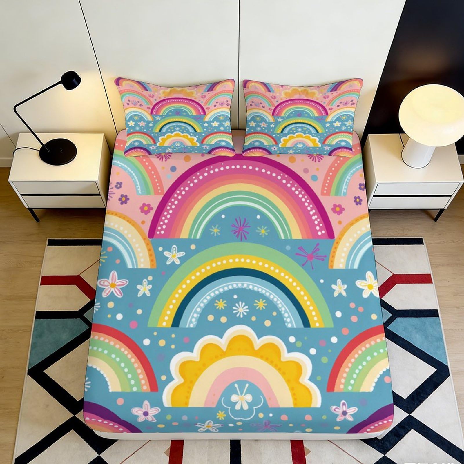 3D Printed Rainbow Pastel Fitted Sheet Microfiber Soft Colorful Stars Mattress Cover for Bedroom Guest Dorm Decor 90x200x25cm