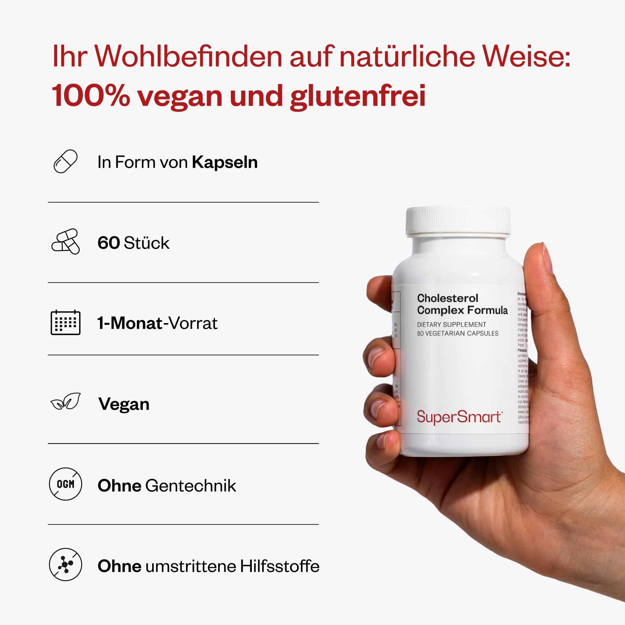 Cholesterol Complex Formula – Rotschimmelreis ohne Monacolin (ohne Statin) – Nahrungsergänzungsmittel mit Rotschimmelreis, Artischocke & Policosanolen – 60 Kapseln – SuperSmart