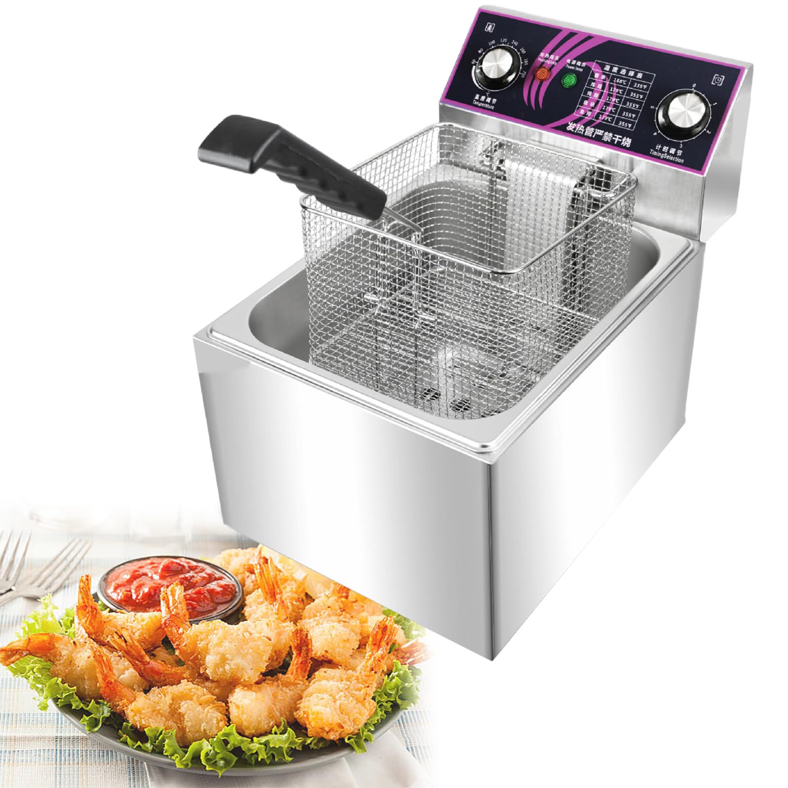 Friggitrice Commerciale con cestelli, friggitrice elettrica da banco in Acciaio Inossidabile per Uso Alimentare con Temperatura Regolabile, friggitrice con Timer, 8 Litri (8l)