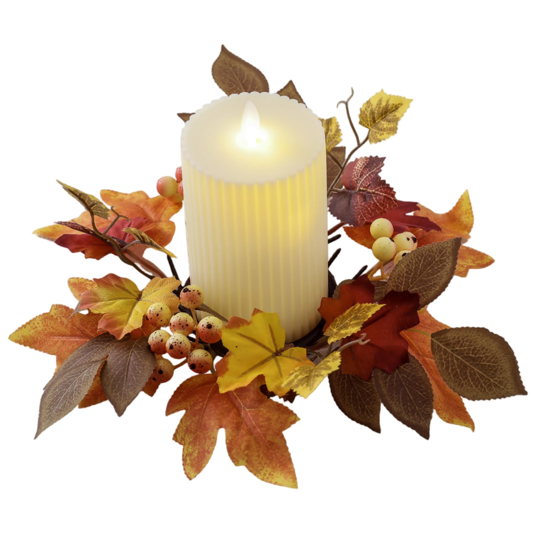Goutdori Fall Candle Rings 9.8in Artificial, Maple Leaves Berry Small Wreath for Thanksgiving Halloween Table Centerpieces Decor