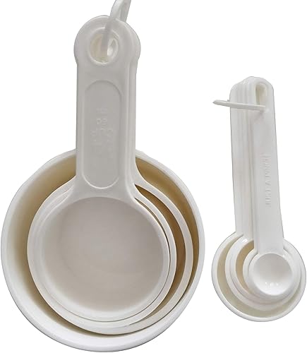 Tazas medidoras y cucharas, juego de 9 tazas de utensilios de hornear portátiles para alimentos blancos redondos para medir líquidos y secos, kit