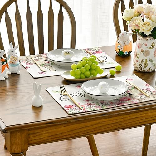 Miniatura 7 de Artoid Mode Juego de 4 manteles individuales de Pascua con diseño de conejo, diseño floral, 12 x 18 pulgadas, para decoración de fiestas, cocina,