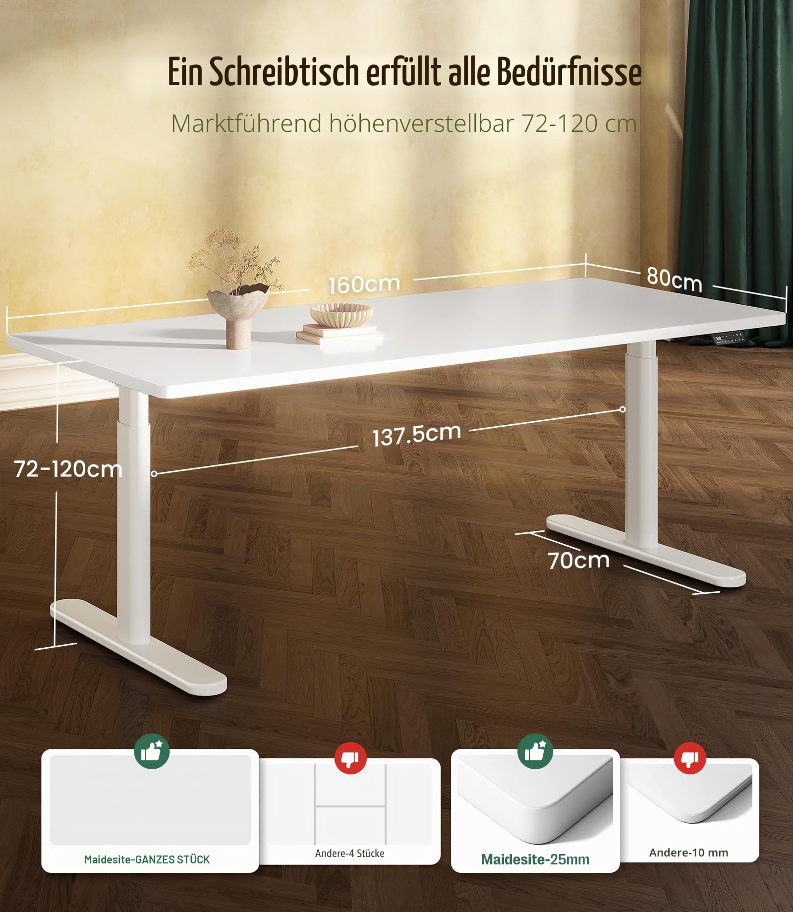 MAIDeSITe Elektrisch höhenverstellbarer Schreibtisch 160x80cm Ovale Beine Stehschreibtisch Energieeffizient‌, Leise Dualmotoren,Tragfähigkeit 180kg mit 4 Höhenspeicherein und Alarmfunktion-S2 Pro Art