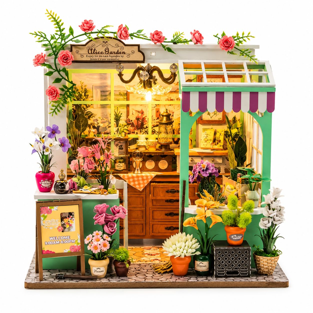DIY Miniature Dollhouse Kit with LED Lights – Flora's Garden 3D Wooden Puzzle Craft Set Adults & Teens, Build Your Mini House, Desk & Bookshelf Decoration, Creative Birthday Book Nook