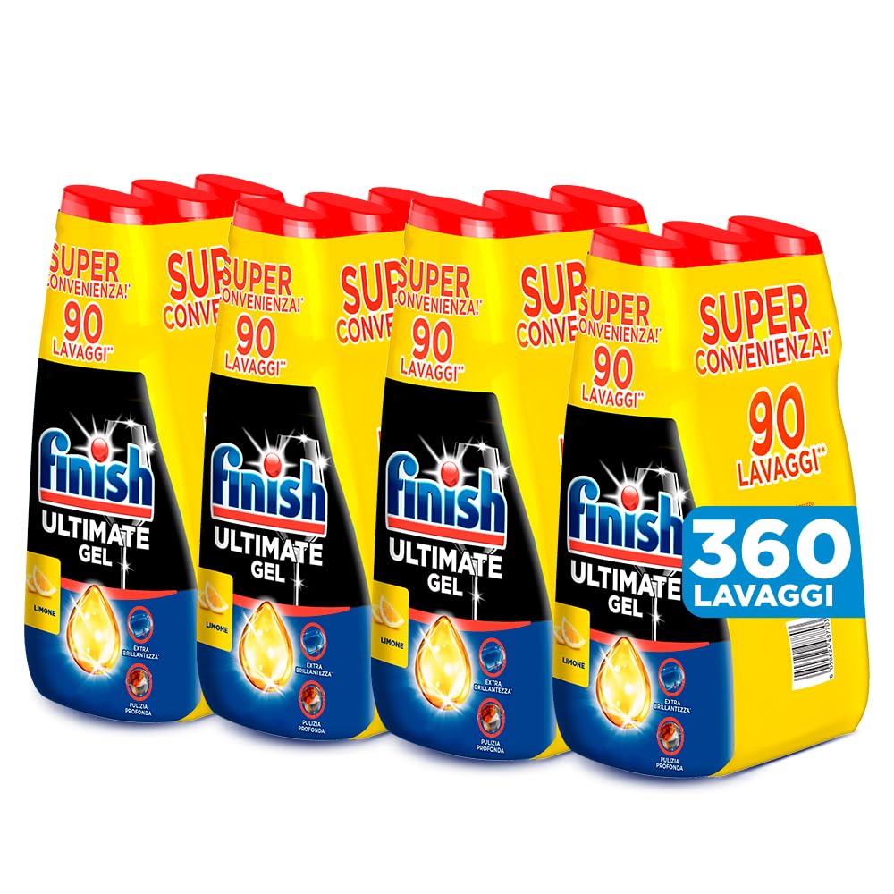 Finish Ultimate Gel, 4 confezioni di Tripacco Gel Detersivo Lavastoviglie, 360 lavaggi, 540 ml, Limone, Extra Potere Sgrassante, Extra Brillantezza, Pulizia Profonda