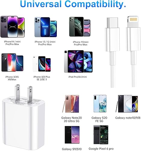 Miniatura 7 de Cargador de teléfono de carga rápida, certificado MFi Cargador de pared USB C de 20 W con 3 cables USB C a Lightning de 6 pies, cable de carga