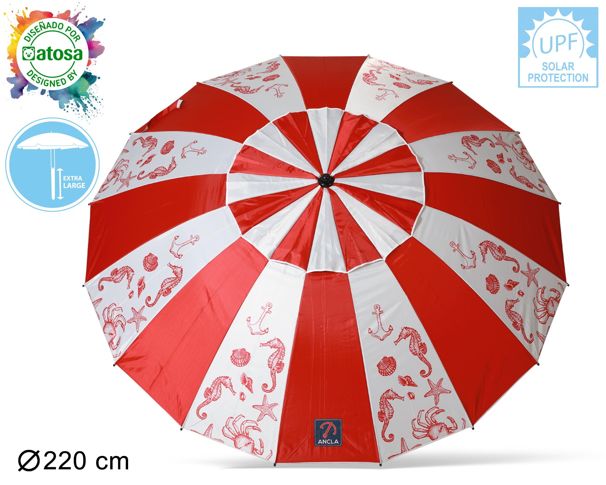 Atosa Strandschirm Ø 180 bis 240 cm aus Aluminium, Modell Meeresboden, mit Tragetasche und Sonnenschutz UPF 50+ in den Farben Blau und Rot, rot, 220 cm, Jug oder Strand