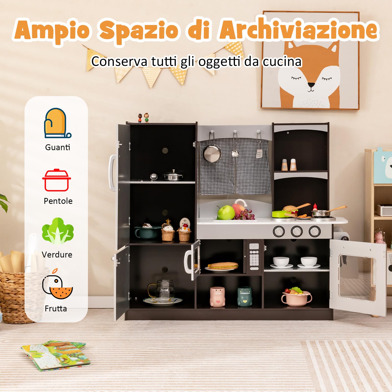 COSTWAY Cucina Giocattolo in Legno per Bambini con Frigorifero, Forno, Microonde, Rubinetto, Lavello e Tenda - per 3+ Anni