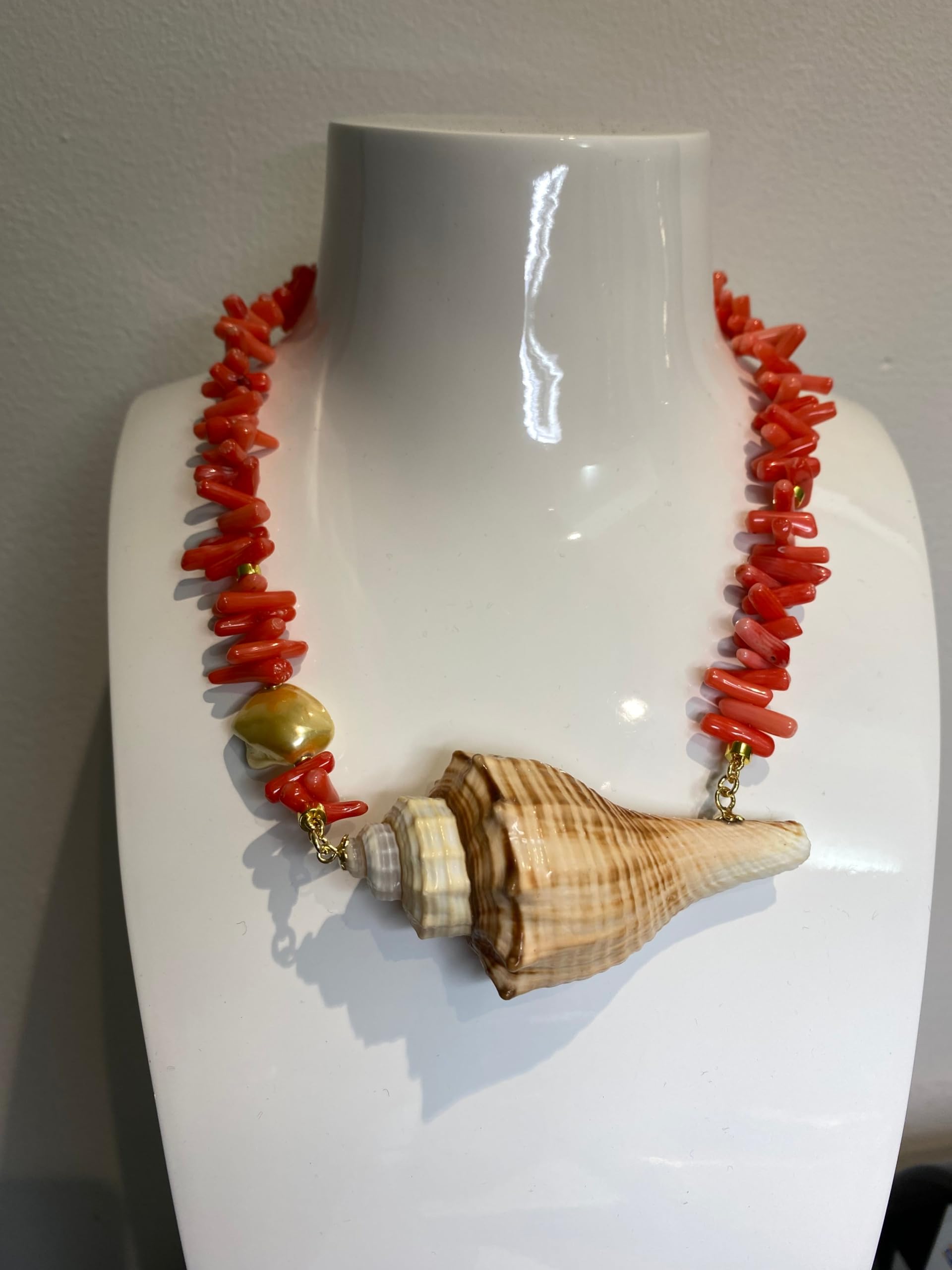 Collana Choker con Corallo Bamboo e Conchiglia Marina, 44 cm, Argento 925 Placcato Oro, Arancione