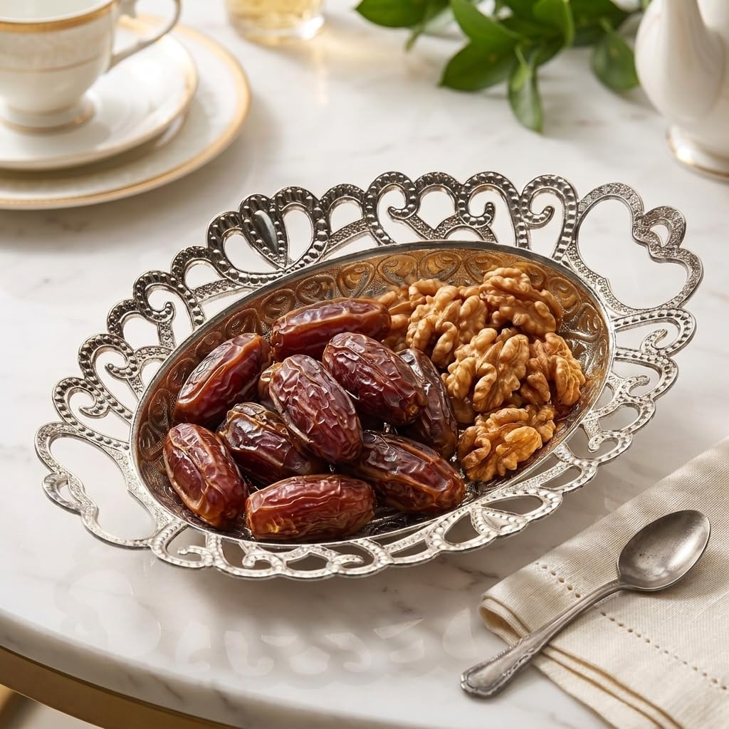 Silver Metal Oval Decorative Bowl, Trinket & Ring Dish, Catchall Key Bowl for Entryway Table, Candy & Nut Serving Dish with Embossed Filigree Design, 9.8 x 7.1 Inch